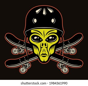 Alien head in helmet and two crossed skateboards colorful vector illustration in cartoon style isolated on dark background