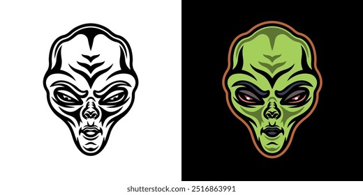 Alien head or humanoid face vector character illustration in two styles black on white and colorful on dark background