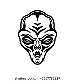 Alien head or humanoid face vector illustration in vintage monochrome style isolated on white background