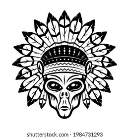 Alien head in indian headdress vector illustration in monochrome vintage style isolated on white background