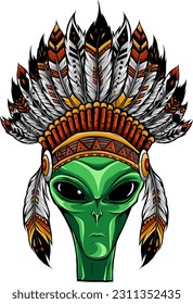 Alien head in indian headdress vector illustration on white background