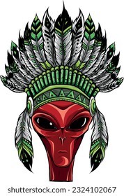 Alien head in indian headdress vector illustration on white background