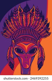 Alien head in indian headdress vector illustration on white background