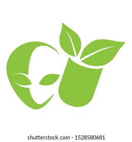 alien head, laboratory tube and green leaves, vector 