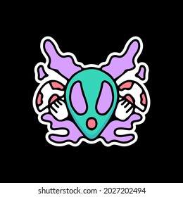 alien head and magic mushroom. illustration for t shirt, poster, logo, sticker, or apparel merchandise.
