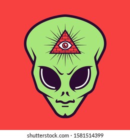 alien head with a Masonic triangle sign with an eye. secret society. Flat vector illustration.