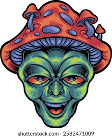 Alien head mushroom logo illustration with premium quality vector