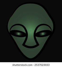 Alien head. Neolithic human mask from Vinča culture, Serbia. Green humanoid face on black background.