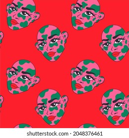 Alien head on a red background. Vector seamless illustration, hand-drawn cartoon. Template for fabric, packaging, postcards.