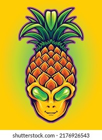 Alien head with pineapple fruit vector illustrations for your work logo, merchandise t-shirt, stickers and label designs, poster, greeting cards advertising business company or brands