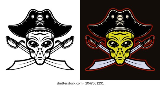 Alien head in pirate hat and two crossed swords vector illustration in two styles black on white and colorful on dark background