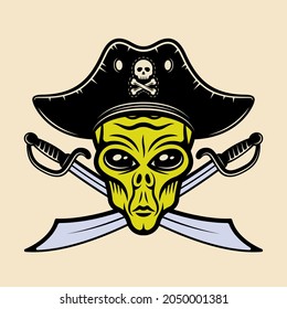 Alien head in pirate hat and two crossed swords vector illustration in colorful cartoon style isolated on light background