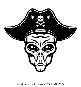 Alien head in pirate hat vector illustration in monochrome vintage style isolated on white background