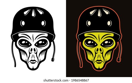 Alien head in protective helmet for skateboarding vector illustration in two styles black on white and colorful on dark background