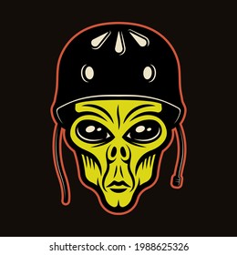 Alien head in protective helmet for skateboarding character colorful vector illustration in cartoon style isolated on dark background