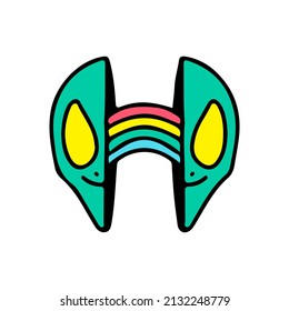 Alien head with rainbow inside. Illustration for street wear, t shirt, poster, logo, sticker, or apparel merchandise. Retro and pop art style.