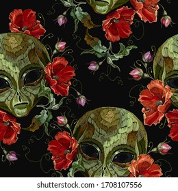 Alien head and red roses flowers. Embroidery. Seamless pattern. Gothic art, science fiction style. UFO, paleocontact concept. Template for clothes, t-shirt design 