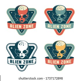 Alien head - retro badge. Extraterrestrial astronaut - vintage logo. Vector illustration.