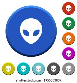 Alien head round color beveled buttons with smooth surfaces and flat white icons
