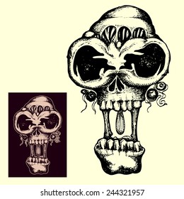 alien head skull in dark and inverted color isolated 