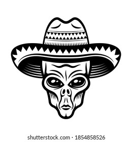 Alien head in sombrero hat vector illustration in monochrome vintage style isolated on white background