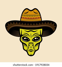 Alien head in sombrero hat vector illustration in colorful cartoon style isolated on light background