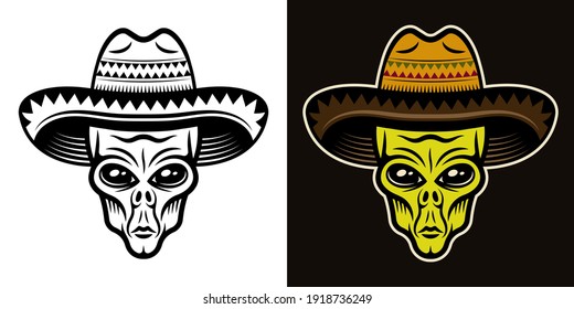 Alien head in sombrero hat vector illustration in two styles black on white and colorful on dark background