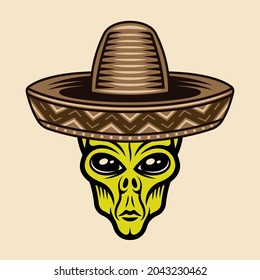 Alien head in sombrero hat vector illustration in colorful cartoon style isolated on light background