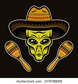 Alien head in sombrero and two maracas vector illustration in colorful cartoon style isolated on dark background