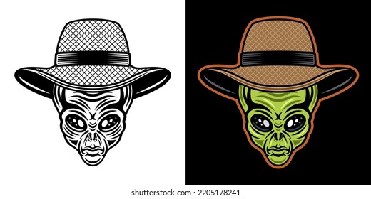 Alien head in straw farmer hat vector character illustration in two styles black on white and colorful on dark background