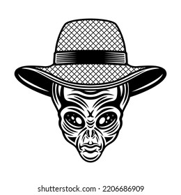 Alien head in straw farmer hat vector illustration in vintage monochrome style isolated on white background