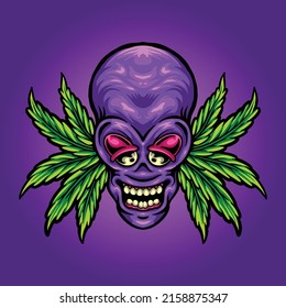 Alien head trippy weed leaf illustration for your work logo mascot label Premium Vector