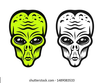 Alien head two styles colored and monochrome vector illustration in vintage style isolated on white background