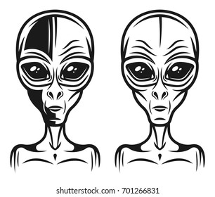 Alien head two styles vector illustration in monochrome vintage style isolated on white background