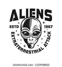Alien head vector emblem in vintage monochrome style isolated on white background