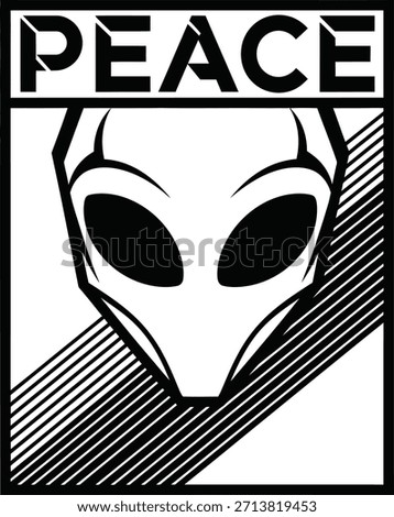 Alien head vector illustration with Peace text for sci-fi and space themes on a transparent background.