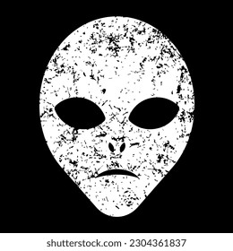 Alien head vector sign. Grunge texture. Humanoid face symbol icon. Extraterrestrial logo. Science fiction label. Ufo and sci-fi character illustration image.