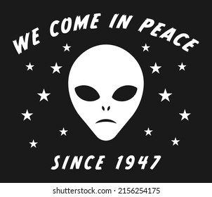 Alien head vector sign. Humanoid face symbol icon. We come in peace text. Extraterrestrial logo. Science fiction label. Ufo and sci-fi character illustration image.