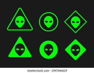 Alien head vector sign set. Humanoid face symbol icon collection. Extraterrestrial warning logo. Science fiction label. Ufo and sci-fi character illustration image.