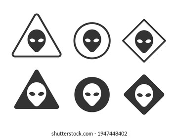 Alien head vector sign set. Humanoid face symbol icon collection. Extraterrestrial warning logo. Science fiction label. Ufo and sci-fi character illustration image.