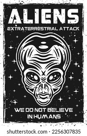 Alien head vintage black and white poster vector illustration with grunge textures and headline text on separate layer