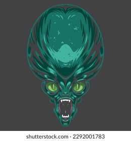 Alien head vintage logotype colorful with green monster with frightening fangs and big eyes for UFO book design vector illustration