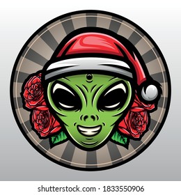 Alien head wearing a christmas hat. Premium vector