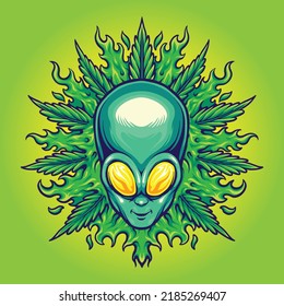 Alien head with weed leaf vector illustrations for your work logo, merchandise t-shirt, stickers and label designs, poster, greeting cards advertising business company or brands