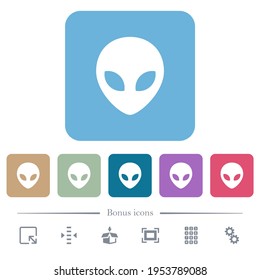 Alien head white flat icons on color rounded square backgrounds. 6 bonus icons included