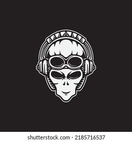 Alien with headphone and military helmet drawing illustration.