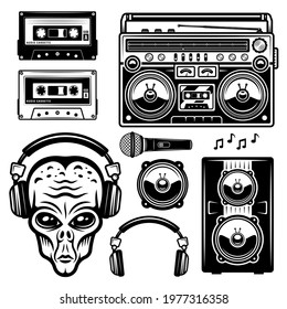 Alien in headphones and musical equipment set of vector objects or design elements isolated on white background