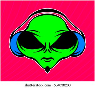 Alien in headphones on a bright background