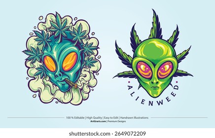 Cabeças Alienígenas Com Cannabis Folhas Mascote