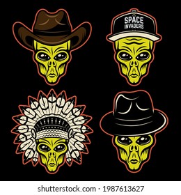 Alien heads in different headdress set of vector colorful objects or design elements on dark background